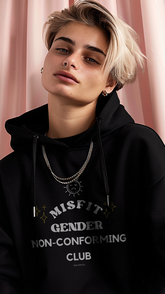 Misfit Club gender nonconforming hoodie, front view — Rose Gold Co