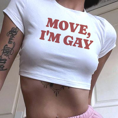MOVE I'm Gay crop tee, front view — Rose Gold Co