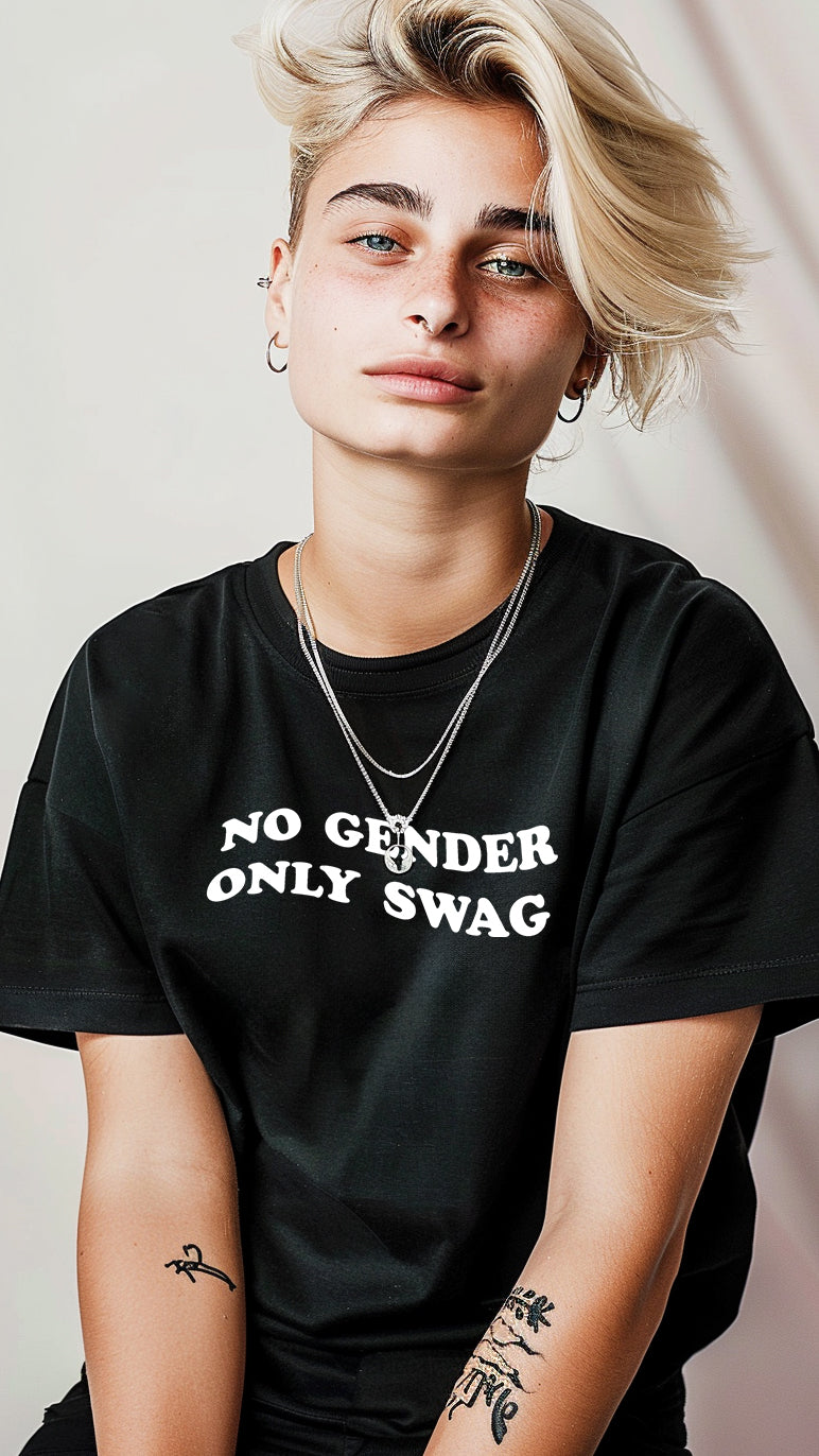 No Gender Only Swag non-binary tee, front — Rose Gold Co