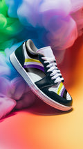 Non-binary pride black low-top sneakers, front view — Rose Gold Co