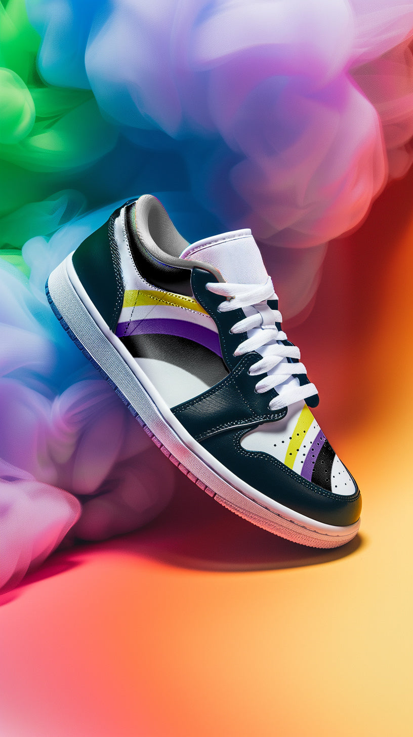 Non-binary pride black low-top sneakers, front view — Rose Gold Co