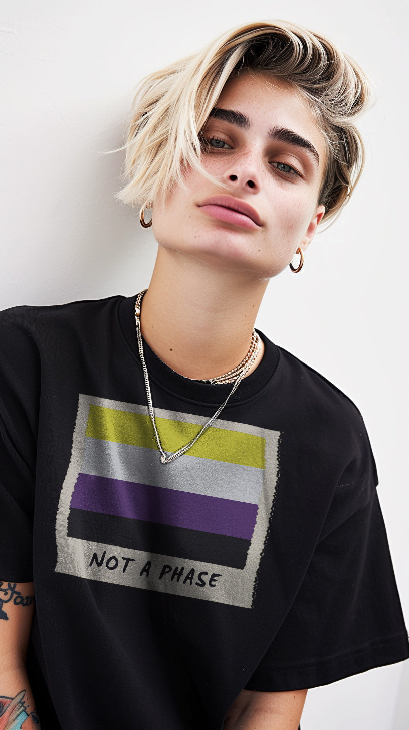 Not A Phase non-binary pride polaroid tee, view 2 — Rose Gold Co