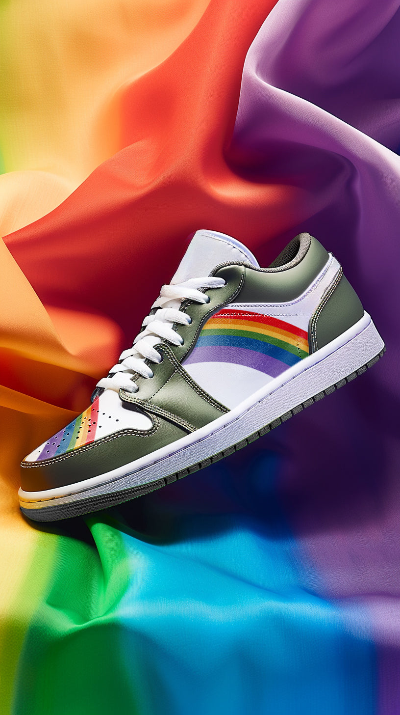 Rainbow pride olive green low-top sneakers, front view — Rose Gold Co