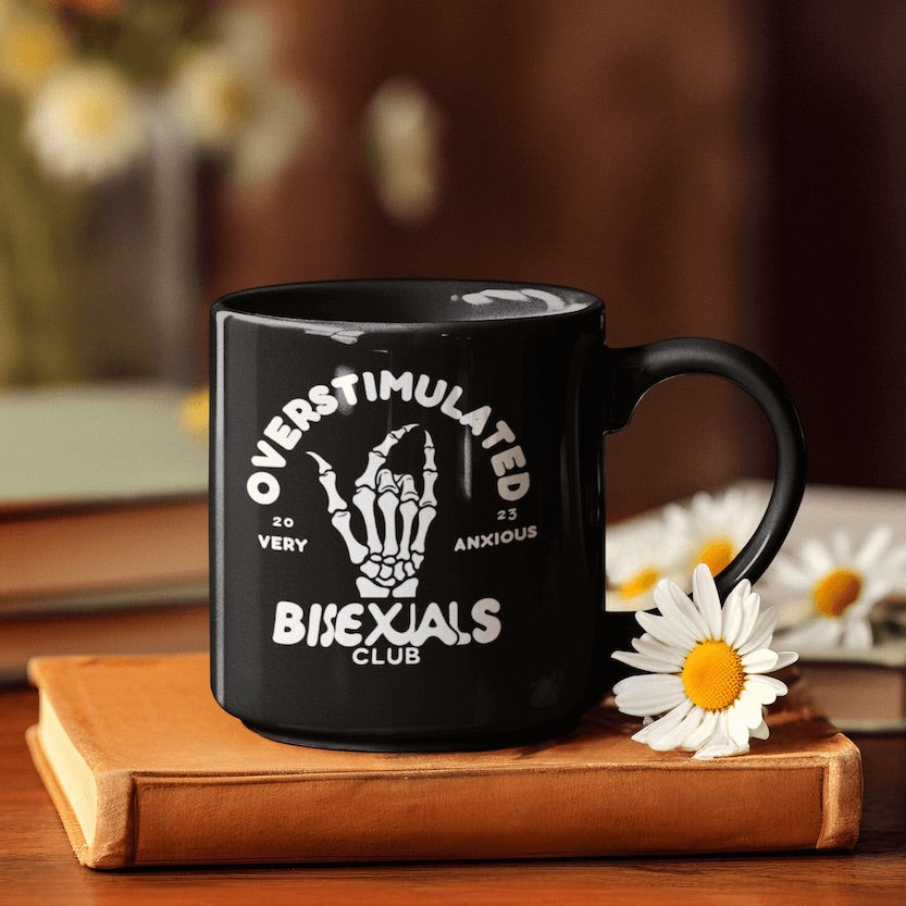Overstimulated Bisexuals Club black glossy mug, view 2 — Rose Gold Co