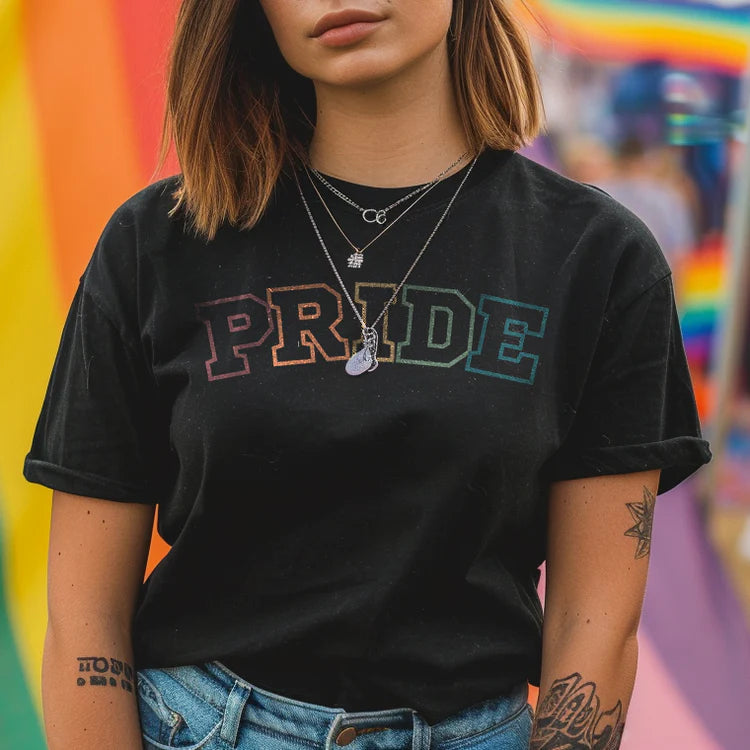 PRIDE rainbow varsity lettering tee — Rose Gold Co
