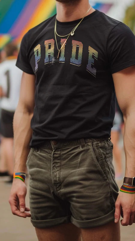 Gay pride rainbow varsity lettering tee, view 3 — Rose Gold Co