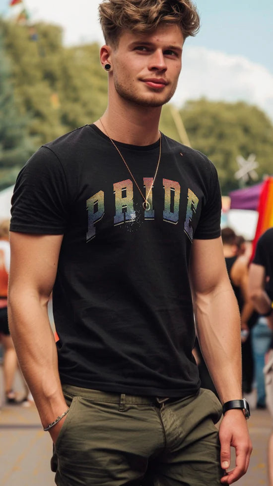 Gay pride rainbow varsity lettering tee, view 4 — Rose Gold Co