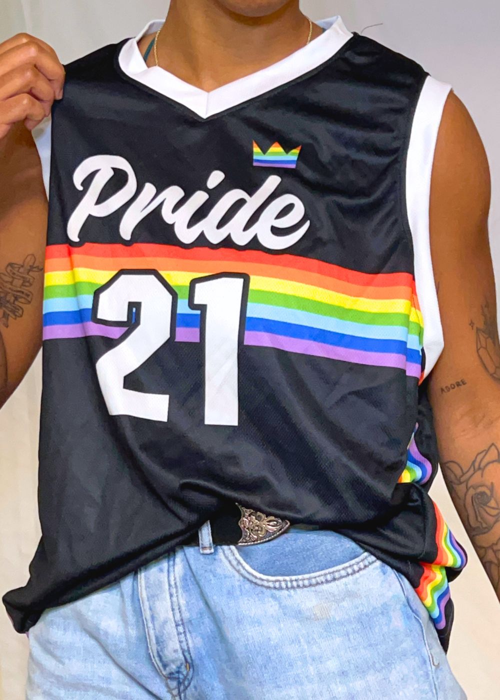 Rainbow pride recycled basketball jersey, front view — Rose Gold Co