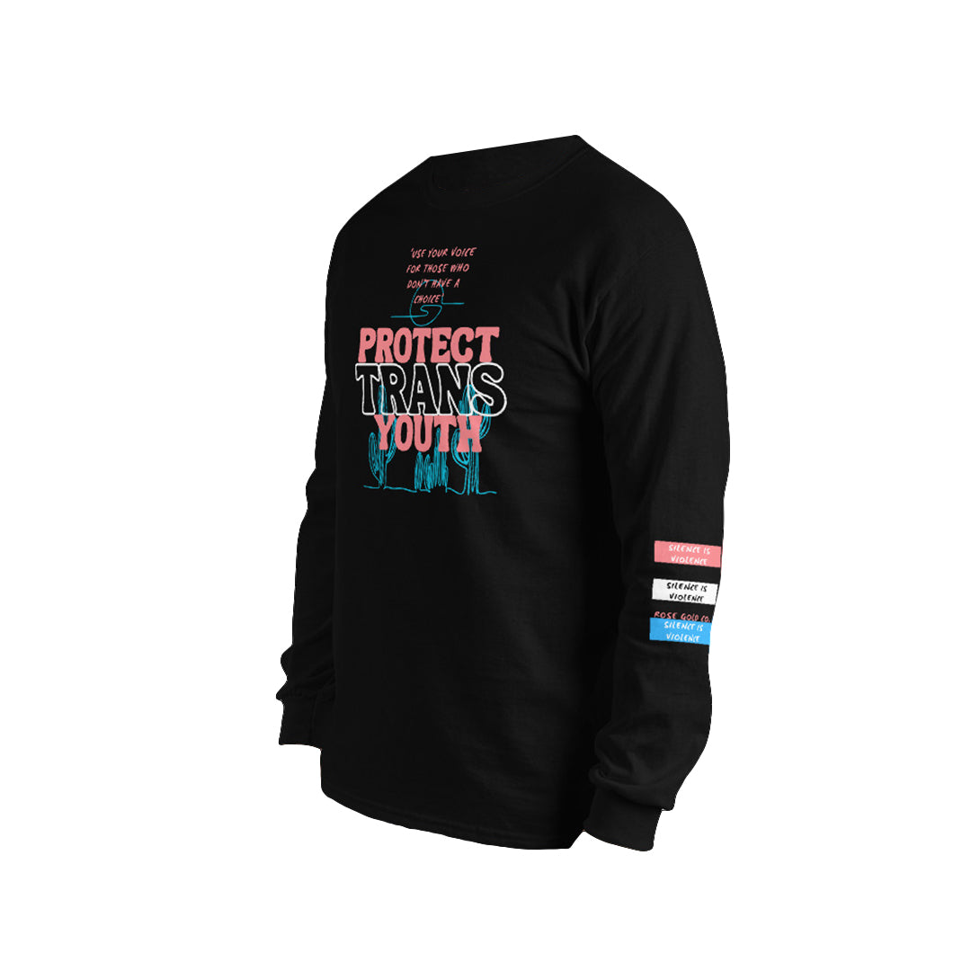 Protect Trans Youth long sleeve tee, view 4 — Rose Gold Co