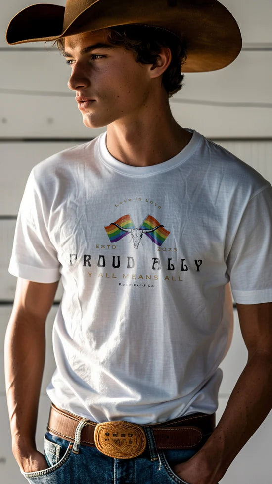Proud Ally Longhorn tee, front view — Rose Gold Co