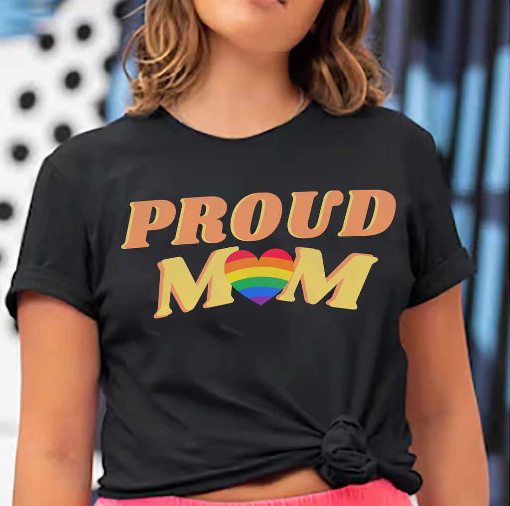 Proud Mom rainbow pride t-shirt, front view — Rose Gold Co