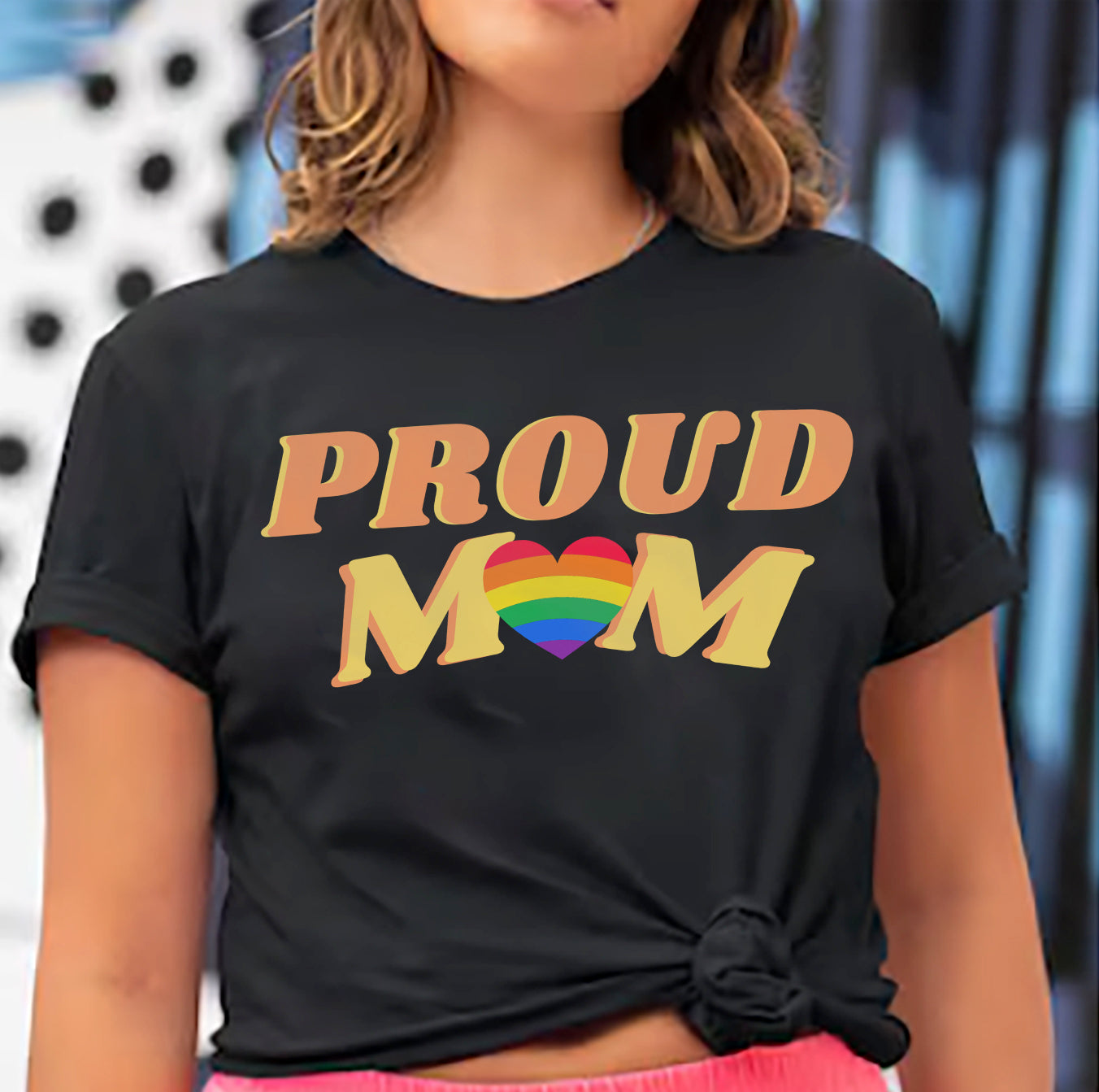 Proud Mom rainbow pride t-shirt, front view — Rose Gold Co