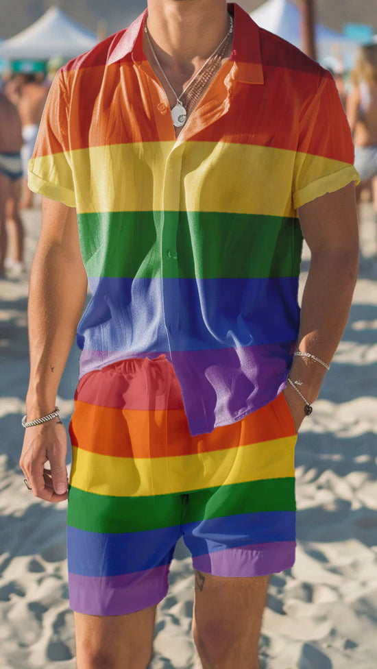 Rainbow stripe LGBT pride Hawaiian button-up shirt, view 2 — Rose Gold Co