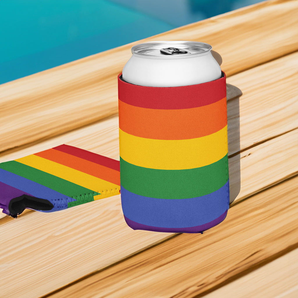 Rainbow pride can cooler, front view — Rose Gold Co