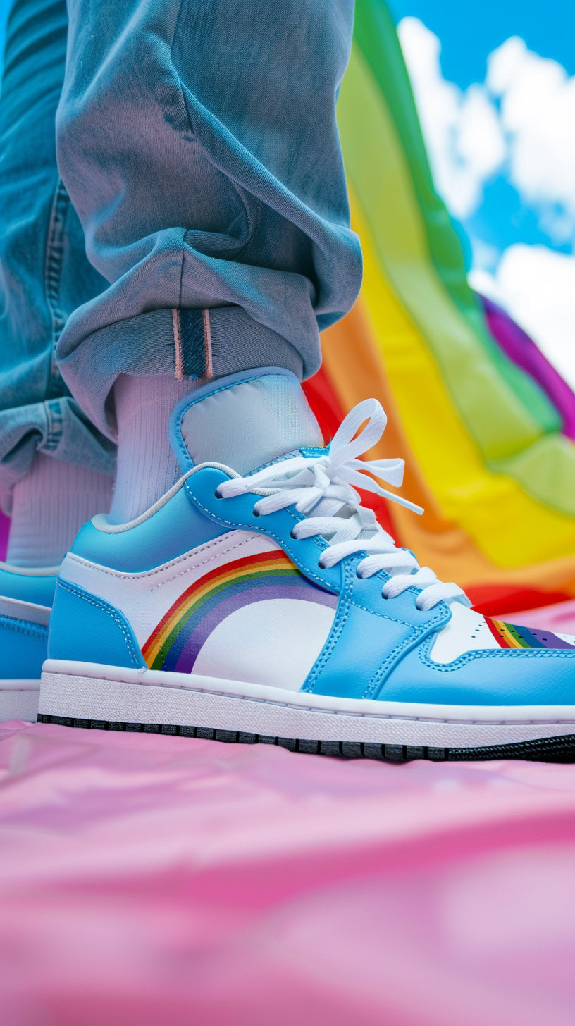 Rainbow pride blue low-top sneakers, front view — Rose Gold Co