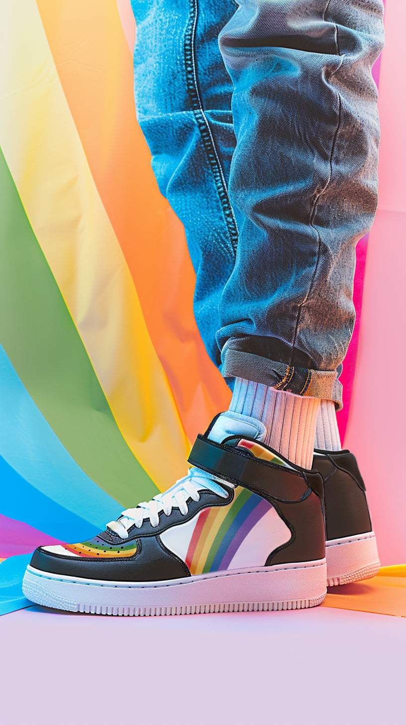 Rainbow pride high-top sneakers, back view — Rose Gold Co