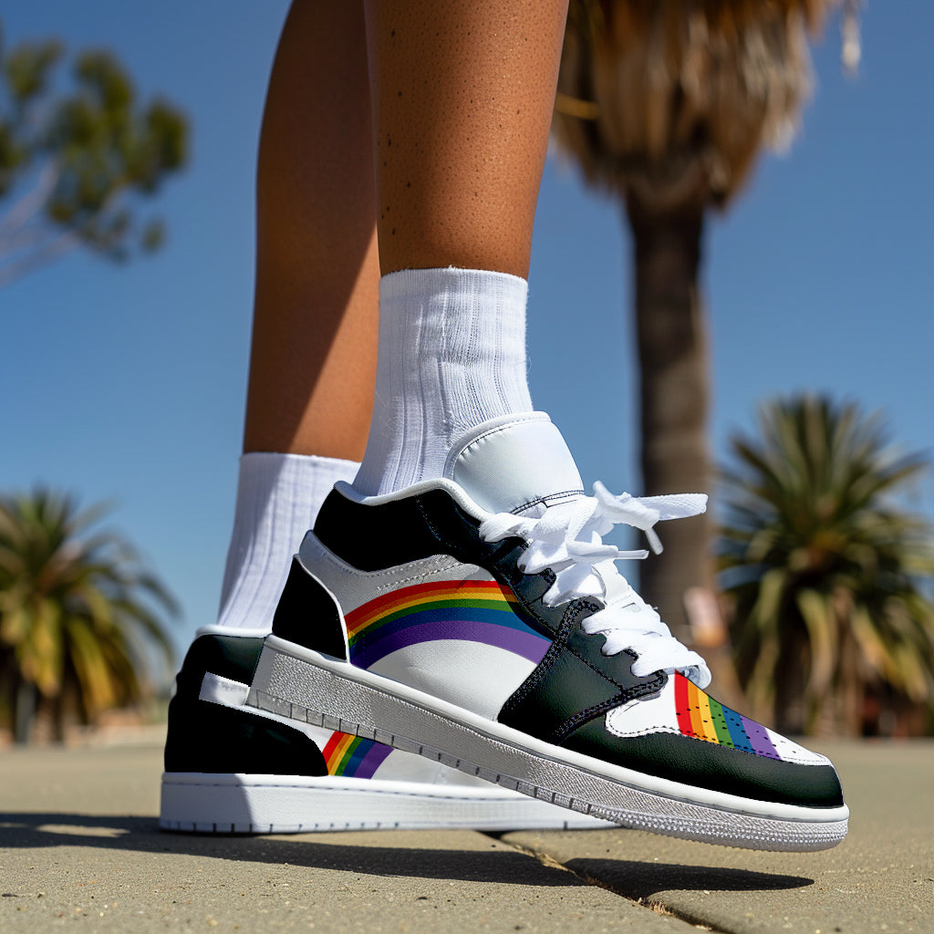 Rainbow pride black low-top sneakers, side view — Rose Gold Co