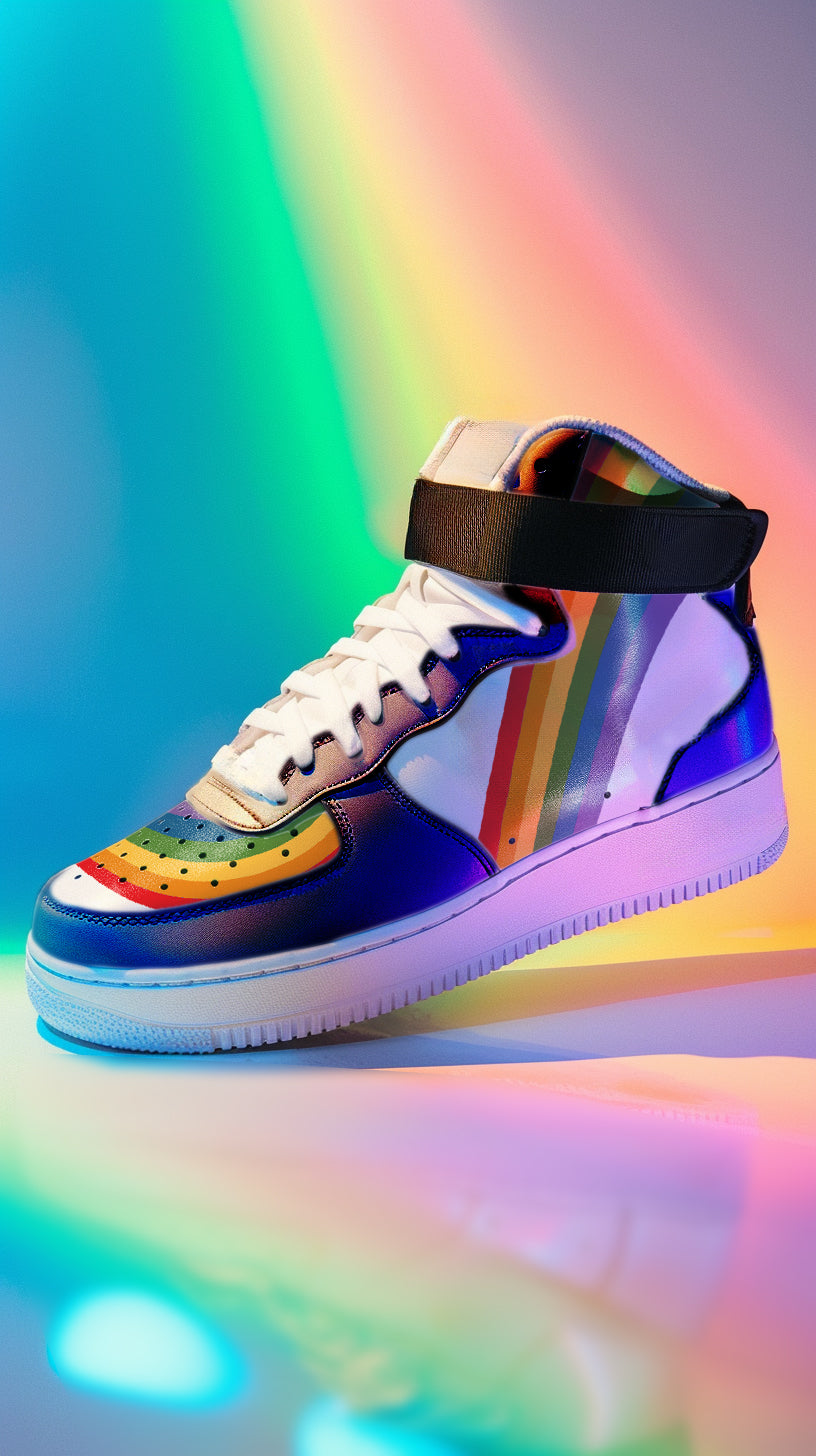Rainbow pride high-top sneakers, front view — Rose Gold Co