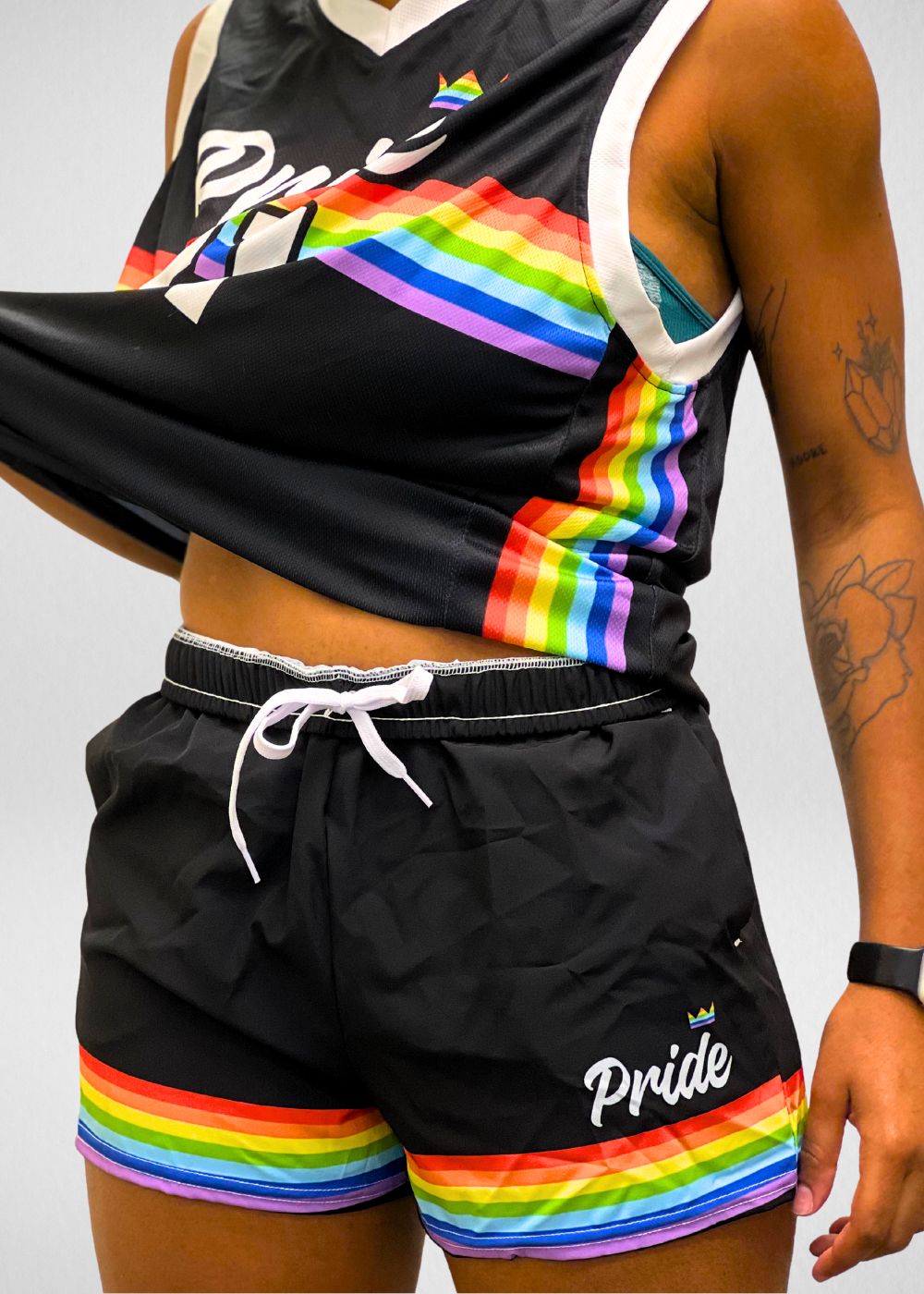 Black rainbow pride athletic shorts, view 2 — Rose Gold Co