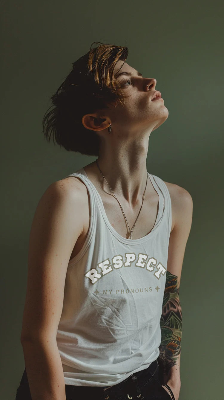 Respect My Pronouns muscle tank, view 2 — Rose Gold Co