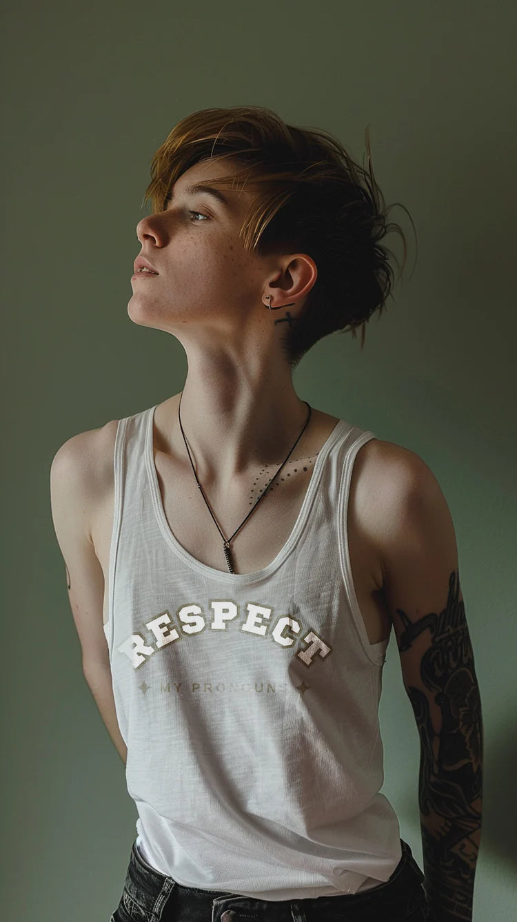 Respect My Pronouns muscle tank, view 3 — Rose Gold Co
