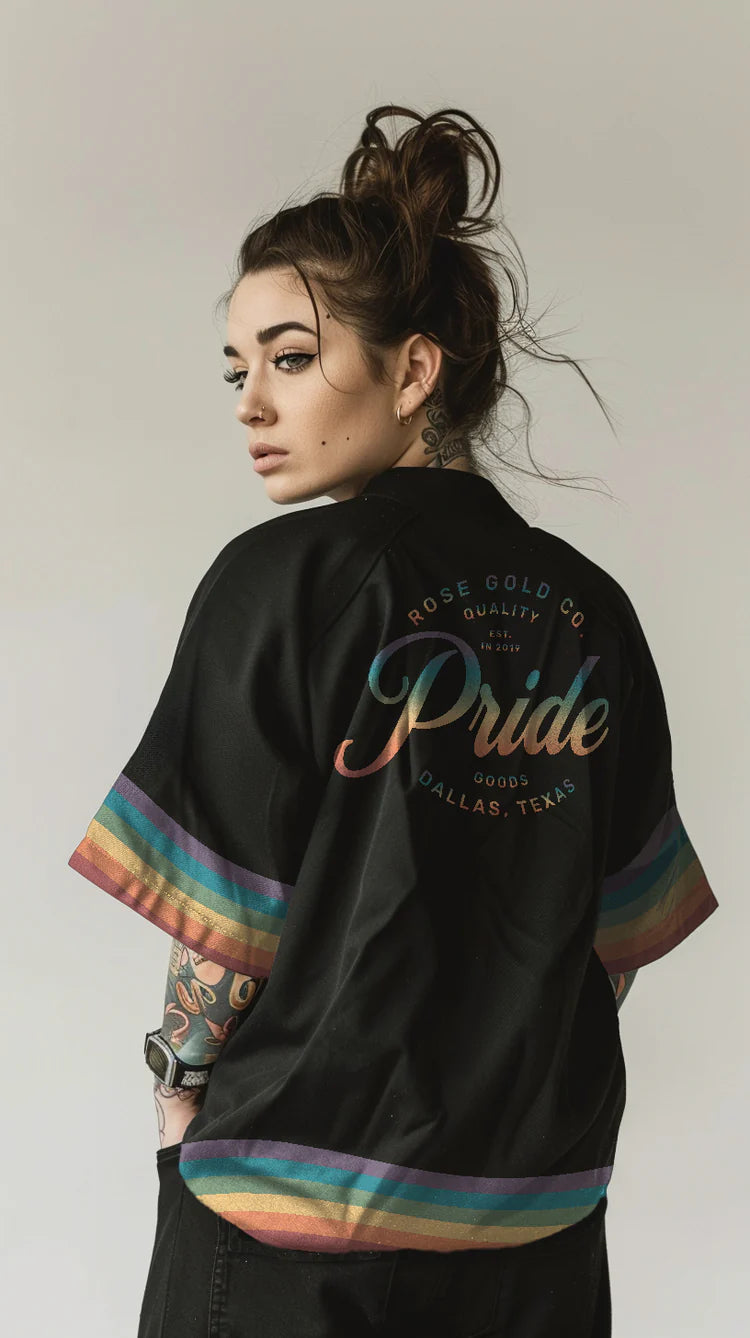 Rainbow LGBT pride baseball jersey, front — Rose Gold Co