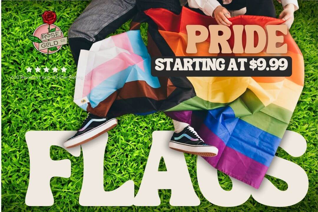 two people sitting in grass holding progress pride flag in their lap with rose gold co logo and text starting at $9.99