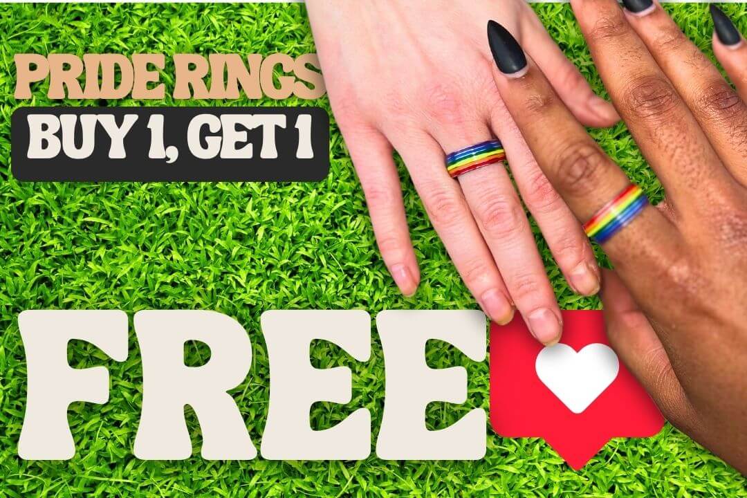 two girls holding hands wearing rainbow pride rings with buy one get one free banner from rose gold co