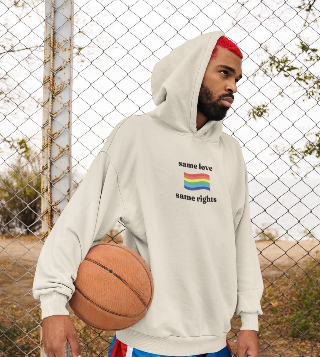 Same Love Same Rights rainbow hoodie, view 2 — Rose Gold Co
