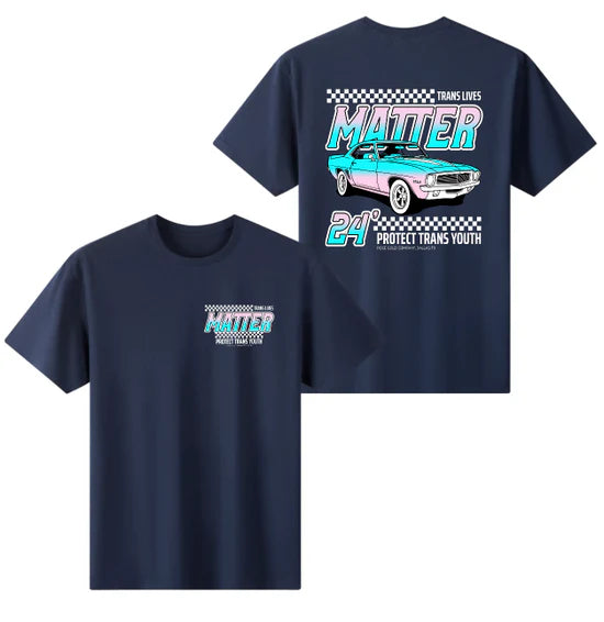 "Trans Lives Matter" racing style tee, view 6 — Rose Gold Co