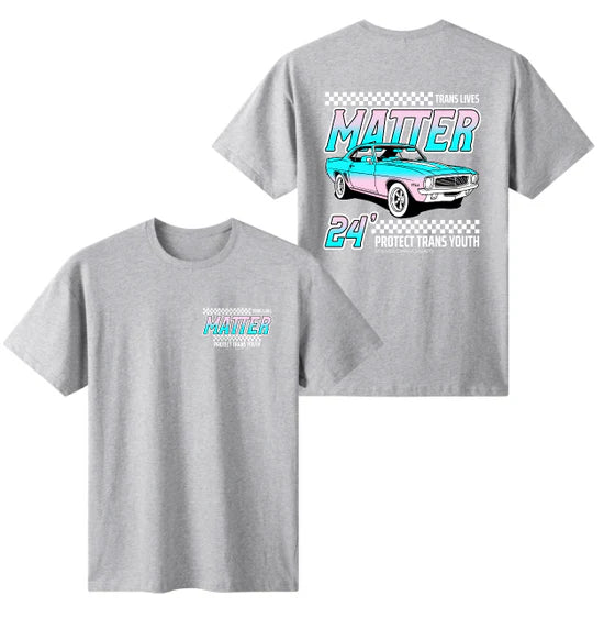 "Trans Lives Matter" racing style tee, view 4 — Rose Gold Co