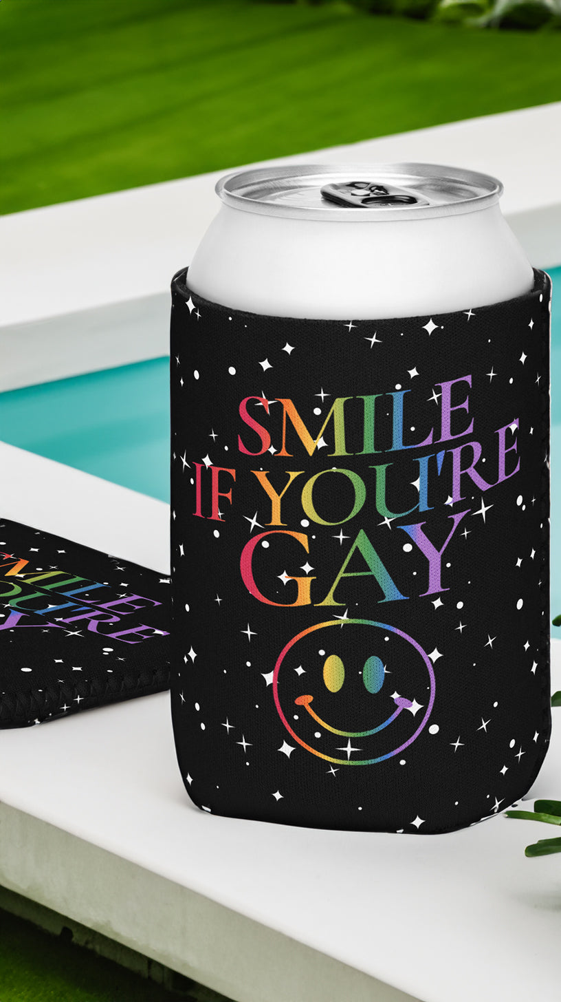 Smile If You're Gay can cooler, front view — Rose Gold Co