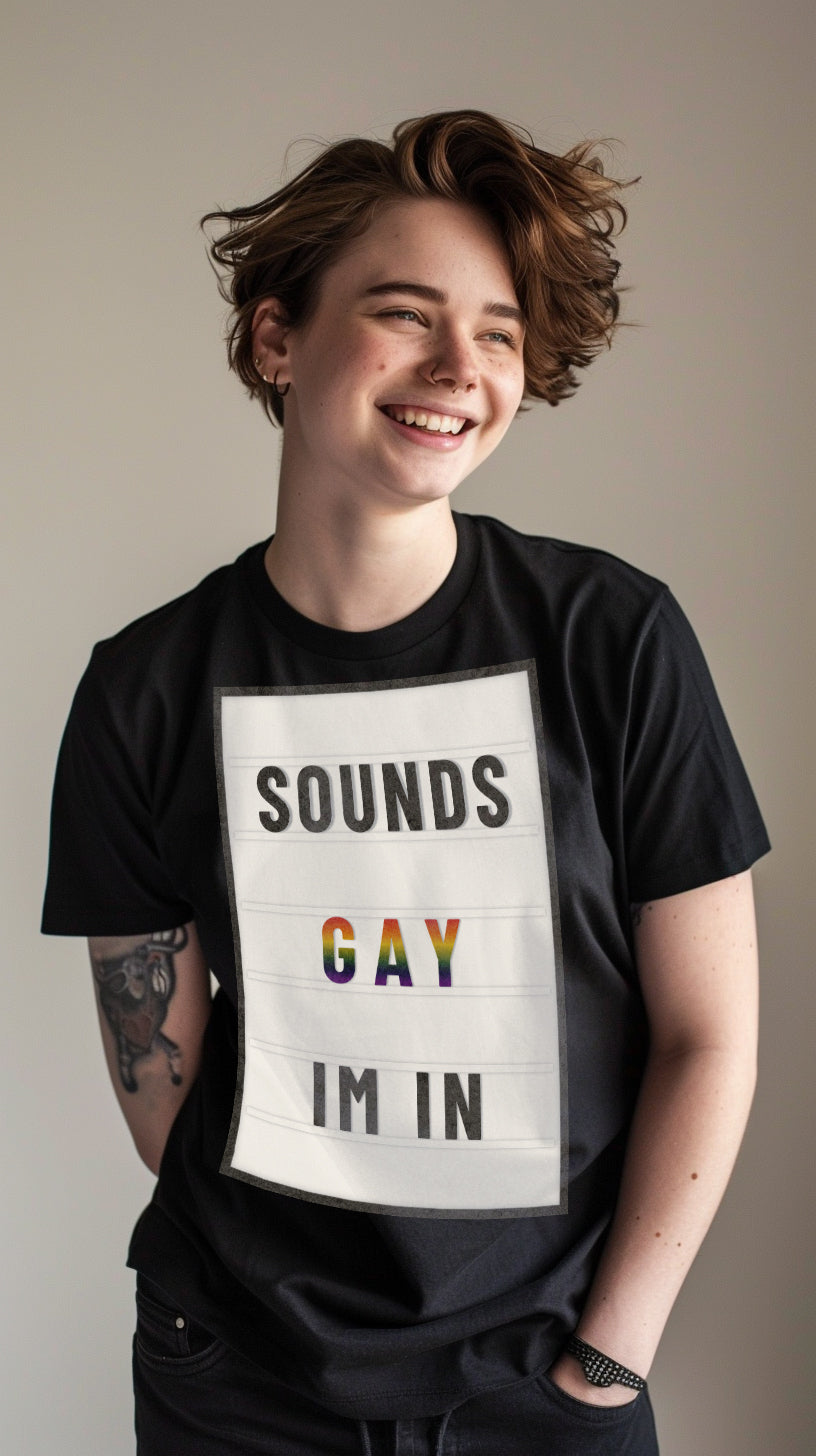 Sounds Gay I'm In marquee letter tee, back view — Rose Gold Co