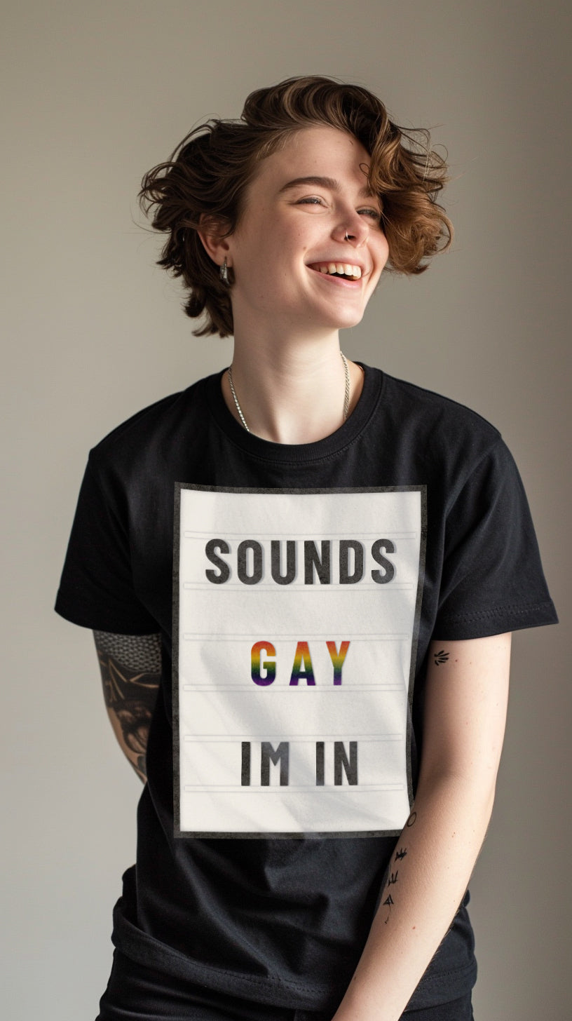 Sounds Gay I'm In marquee letter tee, front view — Rose Gold Co