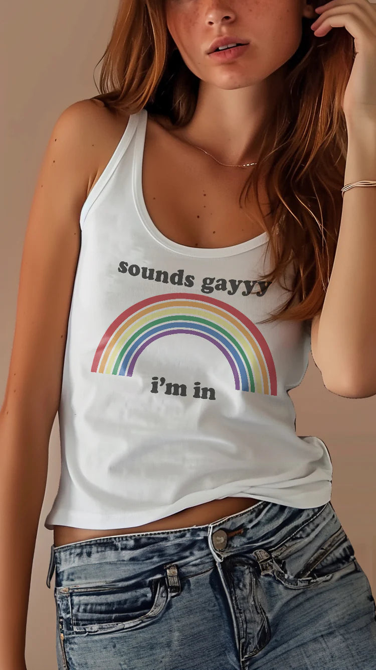 Sounds Gayy I'm In tank top, front — Rose Gold Co