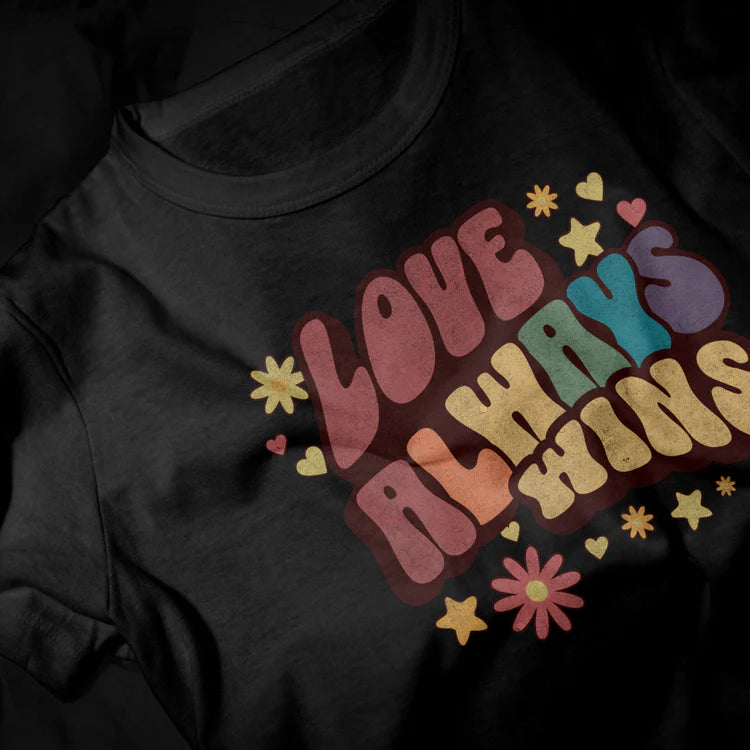 "Love Always Wins" pride slogan tee, view 2 — Rose Gold Co