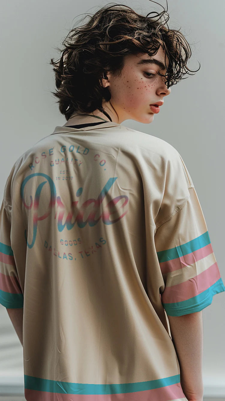 Trans pride tan baseball jersey, front — Rose Gold Co