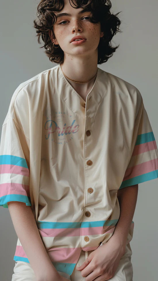 Trans pride tan baseball jersey, view 2 — Rose Gold Co