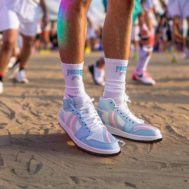 Trans pride low-top leather sneakers, flat lay — Rose Gold Co