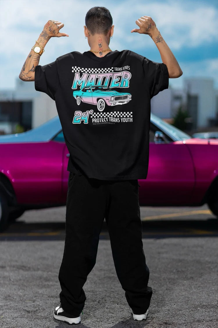 "Trans Lives Matter" racing style tee — Rose Gold Co