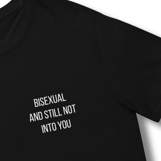 bisexual pride clothing, black t shirt with bisexual and still not into you on pocket