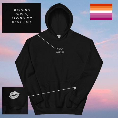Kissing Girls, Living My Best Life hoodie, front view — Rose Gold Co