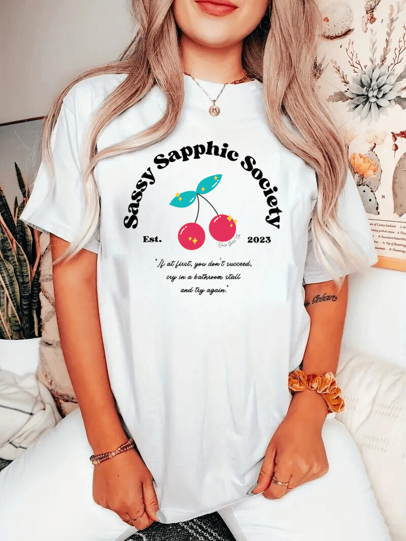 Sassy Sapphic Society Club tee, front — Rose Gold Co