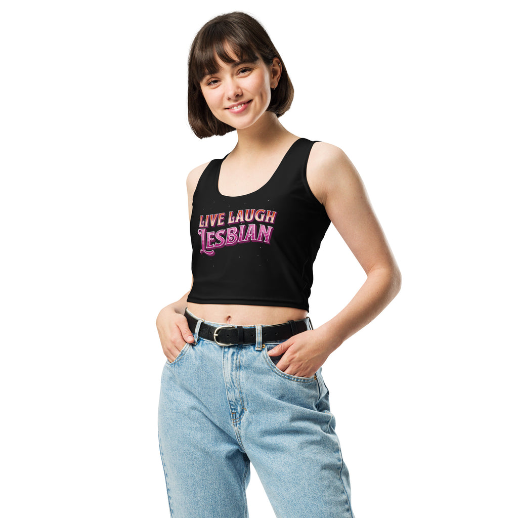 Live Laugh Lesbian crop top, back view — Rose Gold Co