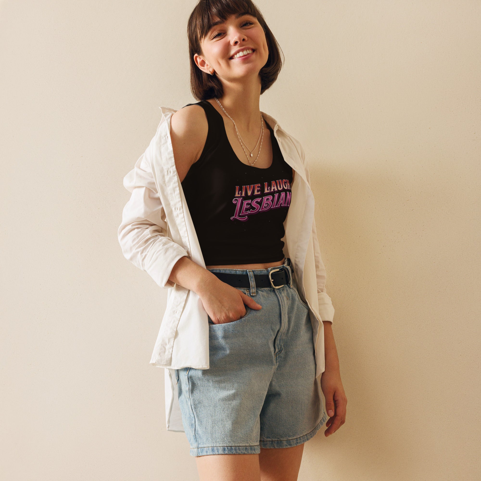 Live Laugh Lesbian crop top, front view — Rose Gold Co