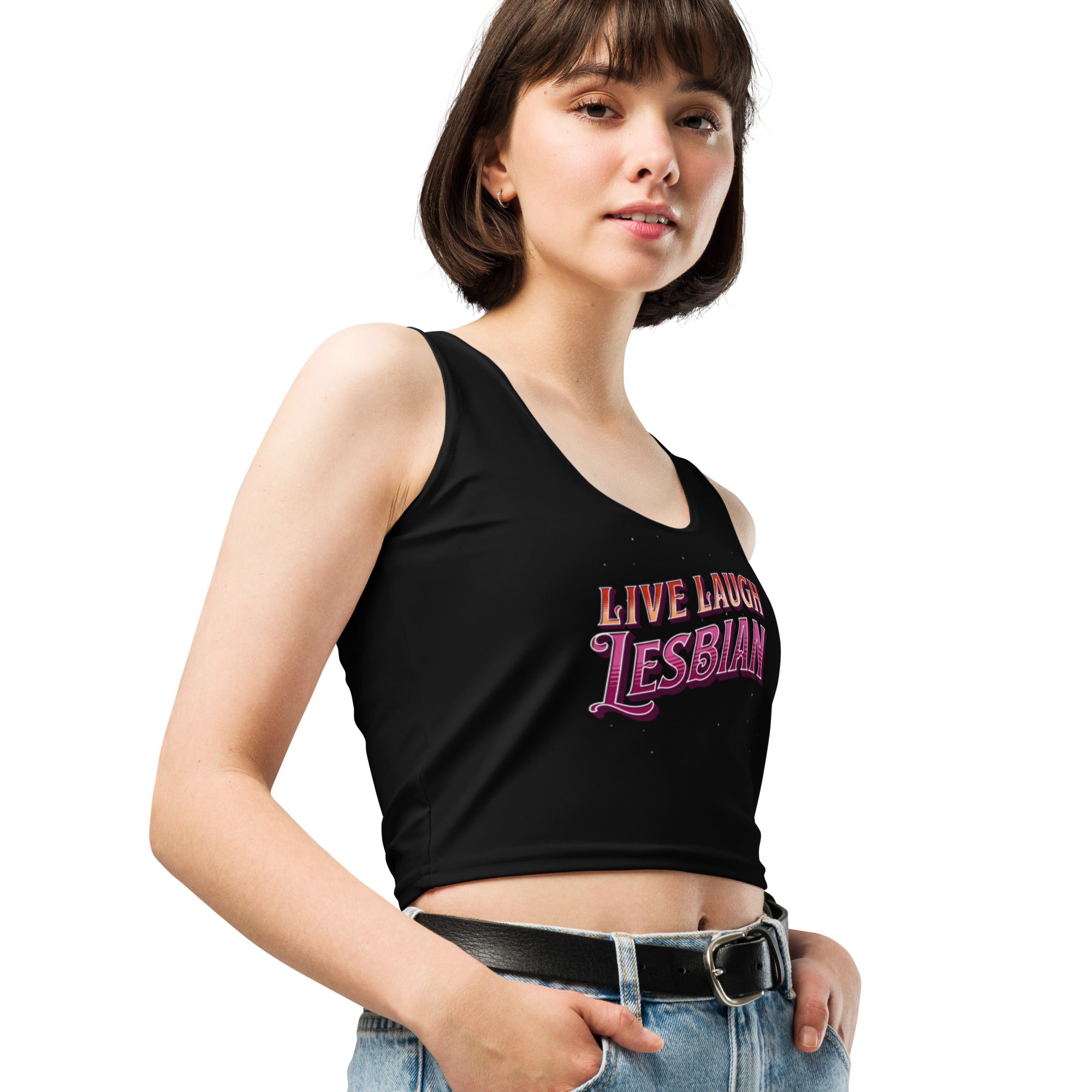 Live Laugh Lesbian crop top, detail view — Rose Gold Co