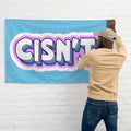 Cisn't trans pride wall flag, front view — Rose Gold Co