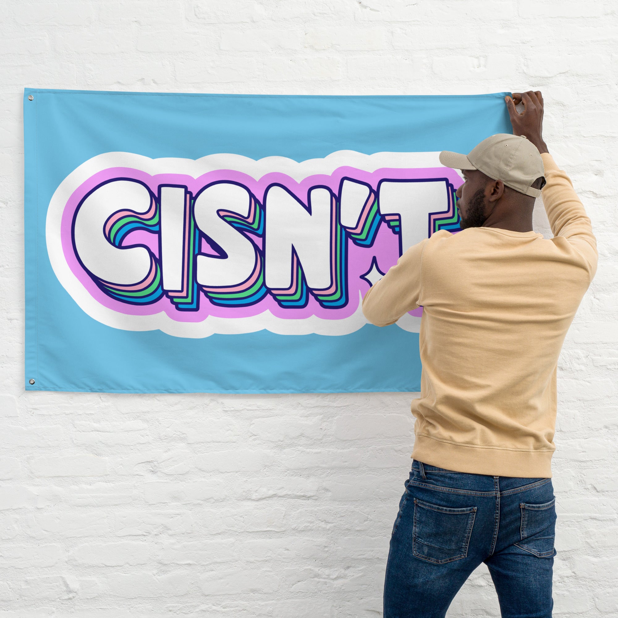 Cisn't trans pride wall flag, front view — Rose Gold Co
