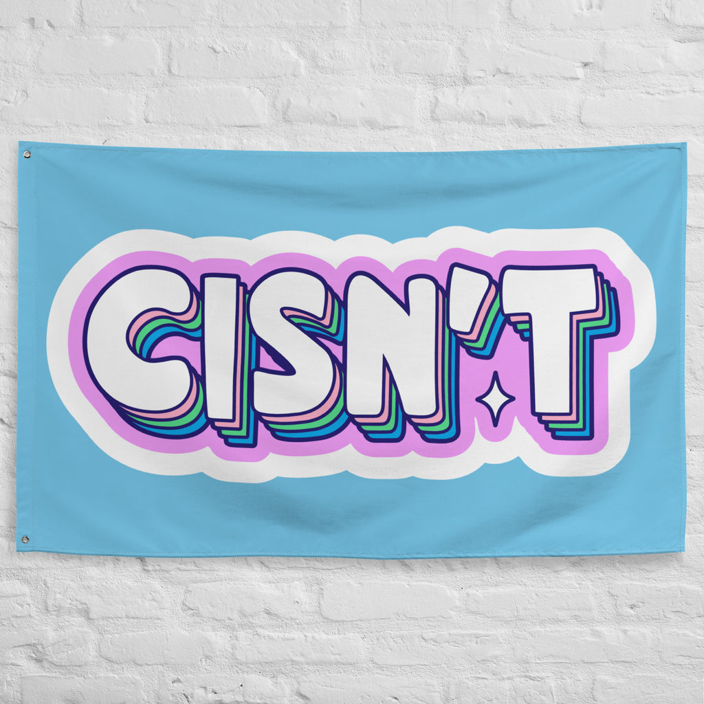 Cisn't trans pride wall flag, detail view — Rose Gold Co