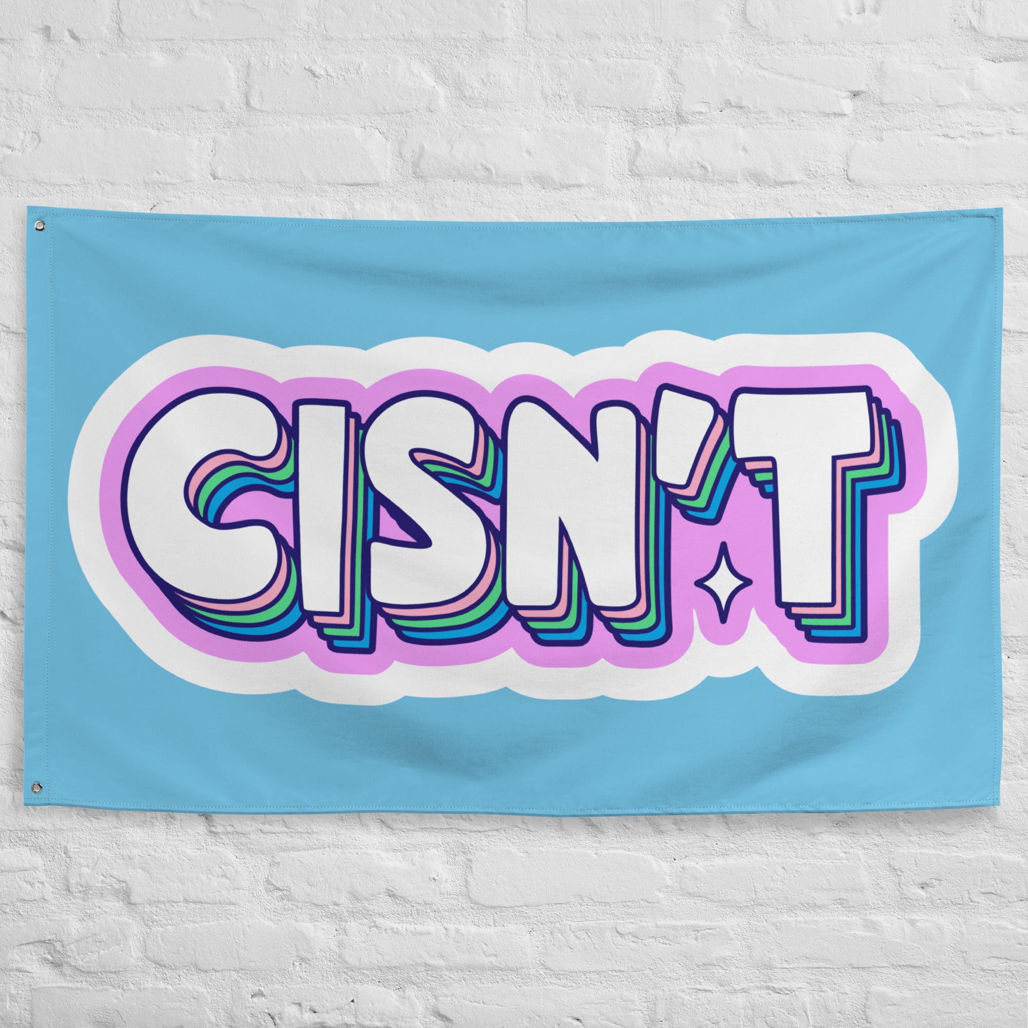 Cisn't trans pride wall flag, detail view — Rose Gold Co
